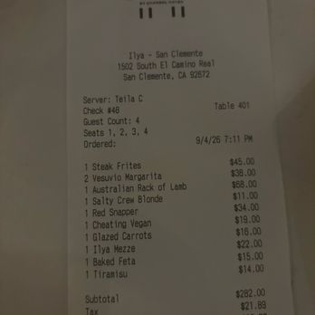 Ilya Restaurant - Our bill - Mediterranean Near Me - San Clemente, California