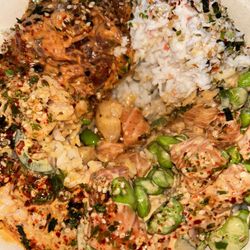 Benicia Poke - Spicy tuna, spicy scallop, salmon, and crab salad over rice with various toppings