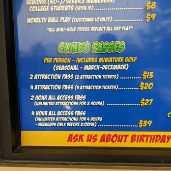 Mr Putty's Fun Park - Pricing board on site. - Mini Golf Near Me - Tega Cay, South Carolina