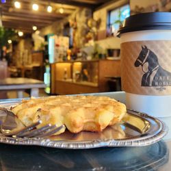 Dark Horse Coffee Roasters - Enjoying my French Toast latte and a warm belgian waffle.
