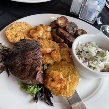 Islanders Restaurant & Bar - Southern Fillet (w/ blackened shrimp, fried green tomatoes, coleslaw, and oven roasted potatoes. - Southern Near Me - Dauphin Island, Alabama Islanders Restaurant & Bar - Southern Fillet (w/ blackened shrimp, fried green tomatoes, coleslaw, and oven roasted potatoes. - Southern Near Me - Dauphin Island, Alabama