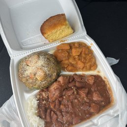 Red Beans and Rice, Shrimp Mirliton, Yams, and Cornbread