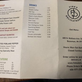 Fink's Delicatessen - Menu (July 2021) - Delis Near Me - Bozeman, Montana Fink's Delicatessen - Menu (July 2021) - Delis Near Me - Bozeman, Montana