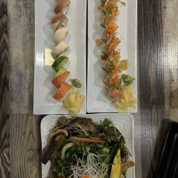 Rainbow Roll, Lost at Sea Roll, Salmon Skin Salad Rainbow Roll, Lost at Sea Roll, Salmon Skin Salad