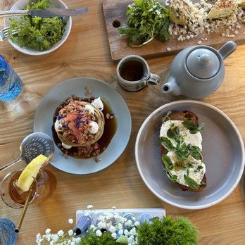 Lion and Owl - Brunch spread: oat pancakes, frittata, ricotta toast, salad - Breakfast & Brunch Near Me - Eugene, Oregon Lion and Owl - Brunch spread: oat pancakes, frittata, ricotta toast, salad - Breakfast & Brunch Near Me - Eugene, Oregon