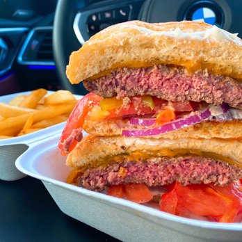 Sliders Burger - COVID TAKEOUT: [Rare] Bison Burger ($9 +50 cents cheese) & Fries, 1/4th portion shown ($3.75) - Burgers Near Me - San Jose, California