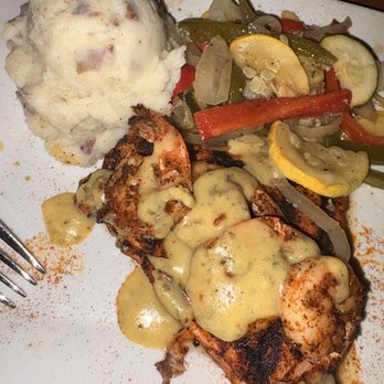 Decoys Seafood - Blacken salmon and with blackened shrimp with mixed vegetables with mashed potatoes. - Seafood Near Me - Suffolk, Virginia