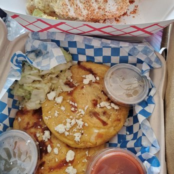 Mochileros Street Food - Regular papusas and a traditional elote (minus a few bites, I couldn't wait!) - Food Trucks Near Me - Anchorage, Alaska