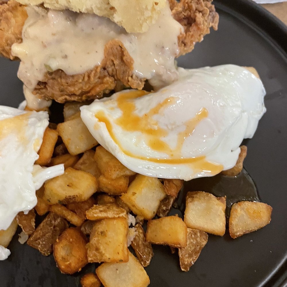 Spoon & Spindle - Chicken and biscuit added egg OE and sausage gravy - Breakfast & Brunch Near Me - Orange, Virginia Spoon & Spindle - Chicken and biscuit added egg OE and sausage gravy - Breakfast & Brunch Near Me - Orange, Virginia