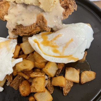 Spoon & Spindle - Chicken and biscuit added egg OE and sausage gravy - Breakfast & Brunch Near Me - Orange, Virginia