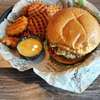 Oceanside Beach Bar and Grill - Double cheese burger and waffle sweet potatoes fries - Breakfast & Brunch Near Me - Ormond Beach, Florida