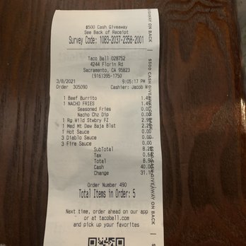 Taco Bell - I paid with card and got a receipt saying I paid cash. - Fast Food Near Me - Sacramento, California