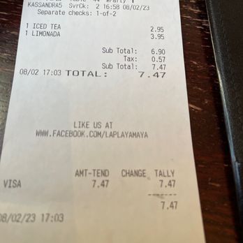 La Playa Maya - a receipt and a phone - Mexican Near Me - Fort Worth, Texas
