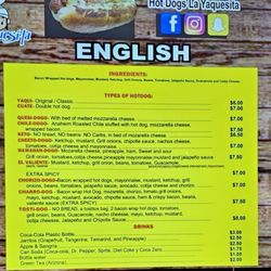 Hot Dogs La Yaquesita - English Menu