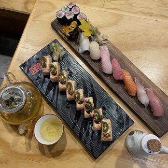 Watami Sushi & Sake Bar - Salmon oshizushi and chefs choice nigiri with toro tuna maki. - Japanese Near Me - Waterloo, Ontario Watami Sushi & Sake Bar - Salmon oshizushi and chefs choice nigiri with toro tuna maki. - Japanese Near Me - Waterloo, Ontario