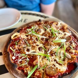 The Obstinate Daughter - The Funky Baller Pizza with meatball, kimchi, scallion, mozzarella, and Parmesan! IG: @betterwithju