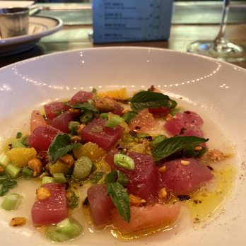 The Optimist - $18 TUNA CRUDO: Asian inspired flavors. Has peanuts, fresh citrus, Thai basil & Vietnamese sauce. Tasty, but it's a SMALL PORTION. - Seafood Near Me - Atlanta, Georgia The Optimist - $18 TUNA CRUDO: Asian inspired flavors. Has peanuts, fresh citrus, Thai basil & Vietnamese sauce. Tasty, but it's a SMALL PORTION. - Seafood Near Me - Atlanta, Georgia