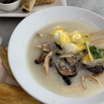Monsoon Bellevue - Mushroom congee and vegetarian spring Crispy Vegetarian Rolls - Vietnamese Near Me - Bellevue, Washington