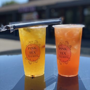 Pink Tea - Mango Passion Jasmine Tea on the left and Peach Strawberry Oolong Tea on the right - Bubble Tea Near Me - Bloomington, Minnesota