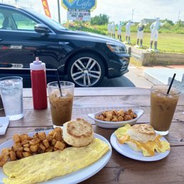 Breakfast egg biscuit, omelette and cold brew!