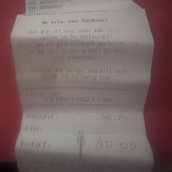 Applebee's Grill + Bar - Food and drink bill Total amount I paid is $40 - American Near Me - Kyle, Texas