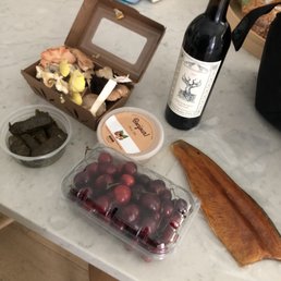Sunday haul included cherries, dolmas, smoked trout, hazelnut kefir, mushrooms, wine
