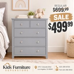 Kids Furniture Superstore - Gray 5-drawer dresser SALE $499.99, reg. $699.99! Save $200 at Kids Furniture Superstore in Los Angeles. Call 323-259-8733.