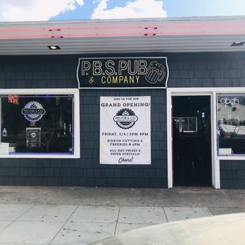 Sprinting - Our Grand Opening banner by Sprinting! - The image shows the exterior of P.B.S. Pub & Company, featuring a sign, a grand opening poster, and neon signs in the windows, with a sidewalk in front. - Printing Services Near Me - Long Beach, California