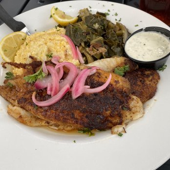 Juniper on Main - Catfish with grits and collard greens - Southern Near Me - Carmel, Indiana Juniper on Main - Catfish with grits and collard greens - Southern Near Me - Carmel, Indiana