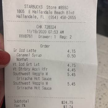 Starbucks - Photo of my receipt- horrible service, long wait time, dropped my order on the floor. Dirty Store!! - Coffee & Tea Near Me - Hallandale Beach, Florida Starbucks - Photo of my receipt- horrible service, long wait time, dropped my order on the floor. Dirty Store!! - Coffee & Tea Near Me - Hallandale Beach, Florida