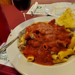 Angela's Italian Restaurant & Pizza - Full size rigatoni with sausage. Notice sausage is crumbled, not sliced.