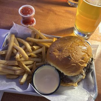 Riley's Bar + Burger - Mushroom Swiss burger plus a side of cheese for the fries - Burgers Near Me - Milwaukee, Wisconsin