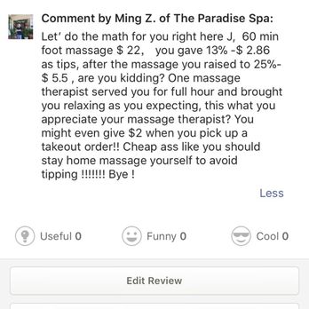 The Paradise Spa - Unprofessional Response from the owner calling a customer "CHEAP ASS" - Massage Therapy Near Me - Milpitas, California The Paradise Spa - Unprofessional Response from the owner calling a customer "CHEAP ASS" - Massage Therapy Near Me - Milpitas, California