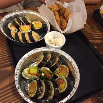 Coreanos Allston - Kimbap (spicy tuna on top, pork on bottom) , soy garlic wings top right corner, pickled radish in the center - Korean Near Me - Allston, Massachusetts Coreanos Allston - Kimbap (spicy tuna on top, pork on bottom) , soy garlic wings top right corner, pickled radish in the center - Korean Near Me - Allston, Massachusetts