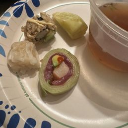Brown rice sushi, narato roll, shrimp shumai and clear soup Brown rice sushi, narato roll, shrimp shumai and clear soup