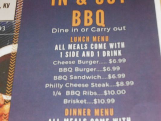 Menu photo 3 In & Out BBQ Winchester, KY