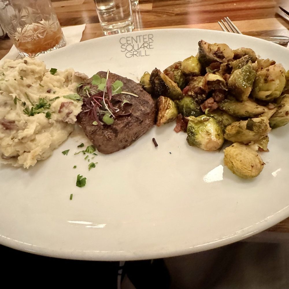 Center Square Grill - Petite filet, mashed potato's and brussels sprouts. - New American Near Me - East Longmeadow, Massachusetts