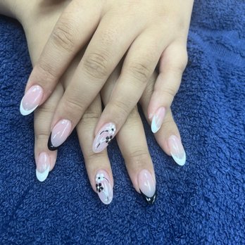 OK Spa Nails - Black and white French tio with flowers - Nail Salons Near Me - El Monte, California