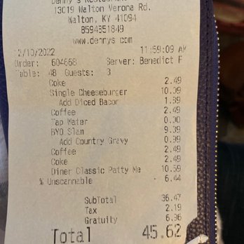 Denny's - Lunch tab for 3, our last trip to Denny's.  Small portions, Food was a 5. - American Near Me - Walton, Kentucky