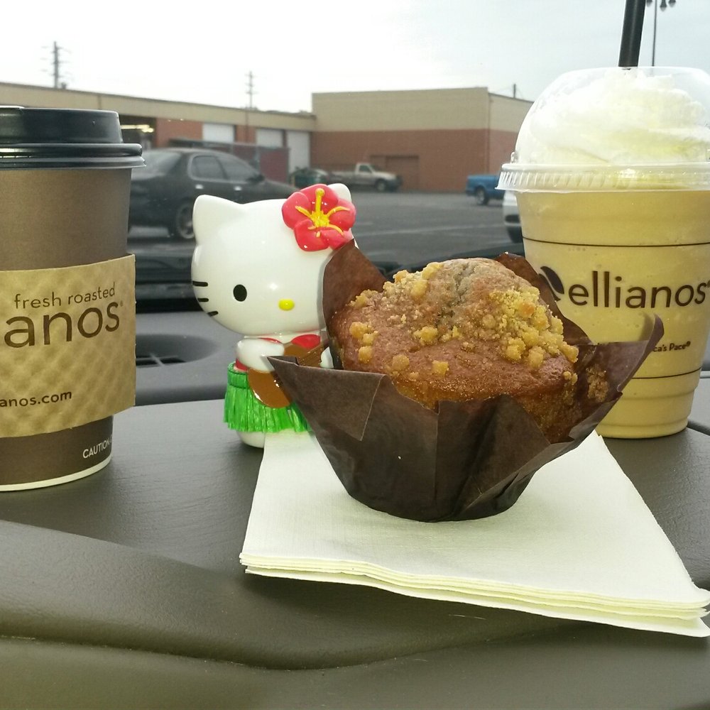 Ellianos Coffee Company - Hot coffee (Caramello), a blueberry crumb muffin, and a frozen latte. - Coffee & Tea Near Me - Jacksonville, Florida
