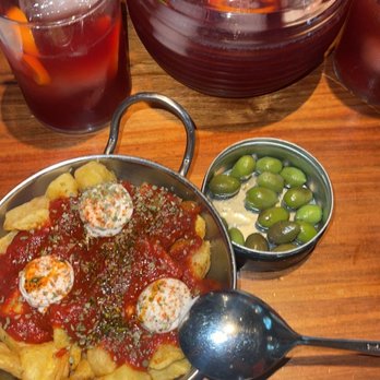 Seis - papas bravas, jar of sangria, and olives! - Tapas Bars Near Me - Seville, SE