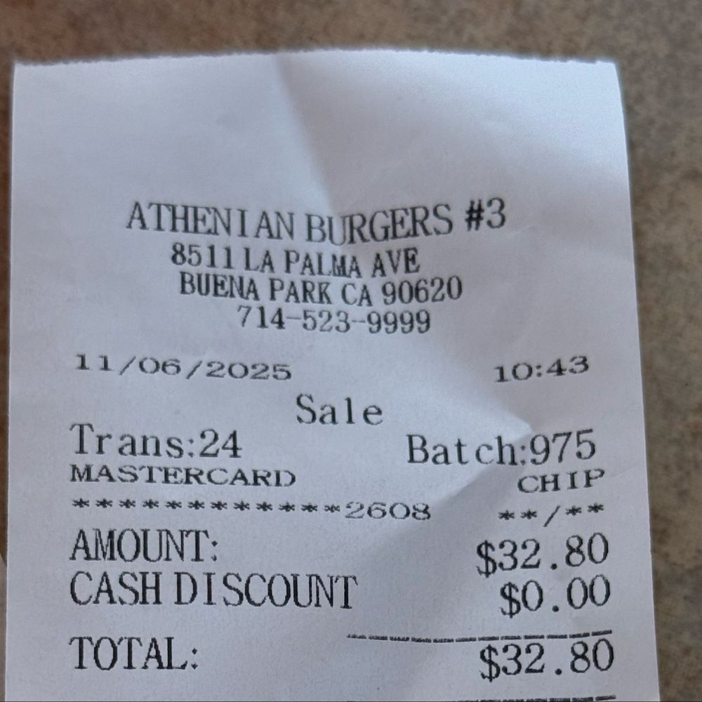 Final receipt (two breakfast burritos, large horchata) of $32.80 Final receipt (two breakfast burritos, large horchata) of $32.80
