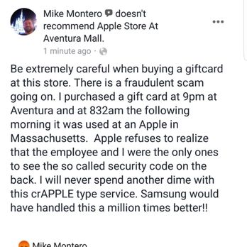 Apple - Dont get ripped off with the gift cards. Be very careful as there is a ring of scammers at this store!! - Computers Near Me - North Miami Beach, Florida Apple - Dont get ripped off with the gift cards. Be very careful as there is a ring of scammers at this store!! - Computers Near Me - North Miami Beach, Florida