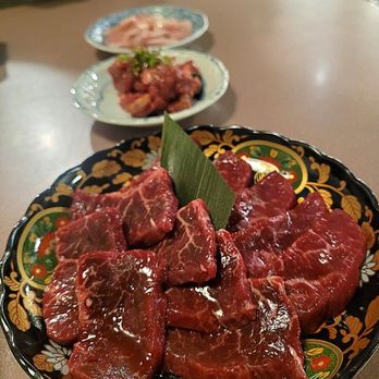 TORACHAN JAPANESE BBQ - Wagyu short rib and flank (front), Wagyu beef cheek (middle), pork cheek (back) - Japanese Near Me - Gardena, California