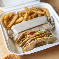 RJ Burgers - Fiesta Pack take-out $10.99 - Two tacos, bean & cheese burrito and fries, neatly packed! Tacos were just ok.