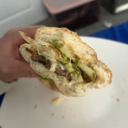 Jon Smith Subs - Cheeseburger Sub  I had to add cheese and grill the onions at home.