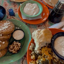 Southern scramble, fried green tomatoes, grits side Southern scramble, fried green tomatoes, grits side