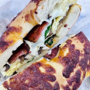 Munch Box - BYO breakfast sandwich on cheddar bagel, with bacon, pepper jack cheese, spinach, mushrooms and d egg-side of chipotle mayo to top off. - Breakfast & Brunch Near Me - Henderson, Nevada