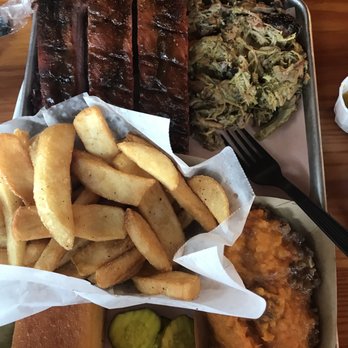Melvin's BBQ - Mount Pleasant - 3 Meat Plate (brisket, ribs, pulled pork) with sides of fries and sweet potato souffle & cornbread - Barbeque Near Me - Mount Pleasant, South Carolina