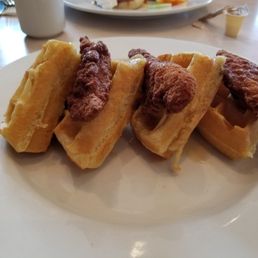 Chicken and waffles. Tenders tasted a bit like freezer burn .